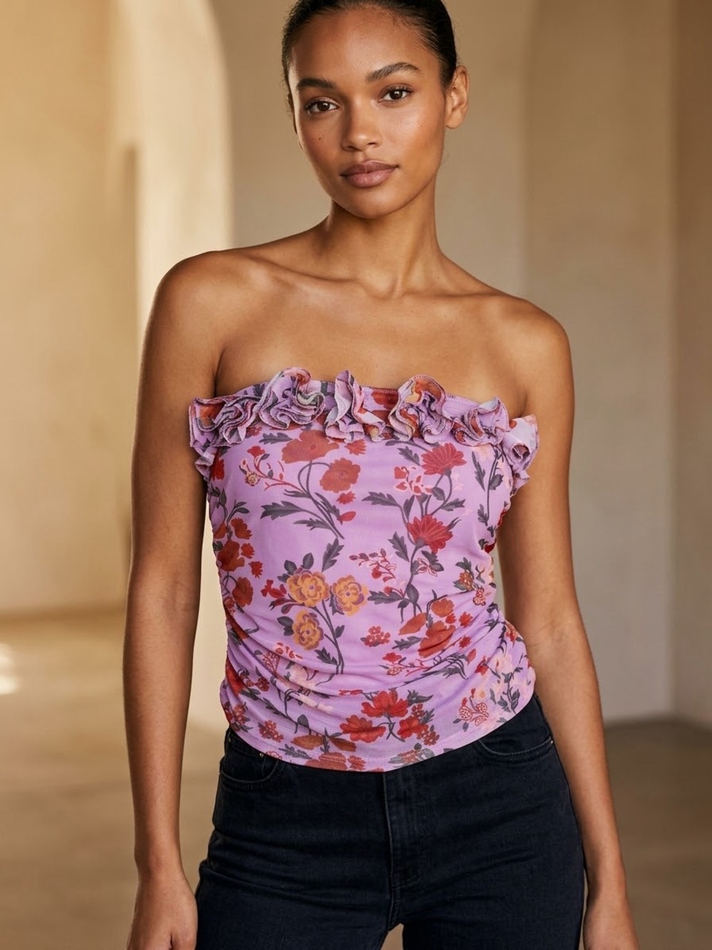 Anthropologie Lilac Floral Ruffle Strapless Camisole